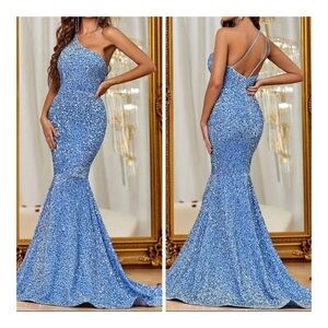 Dress for Everyone Sparkling Blue Gown One Shoulder Size 4-XL